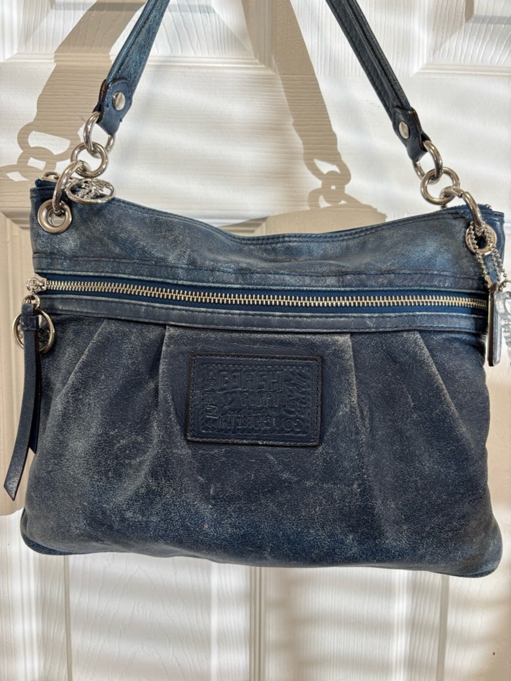 Coach Poppy L1098-17048 Denim Rocker Navy Distressed Leather Shoulder Bag EUC